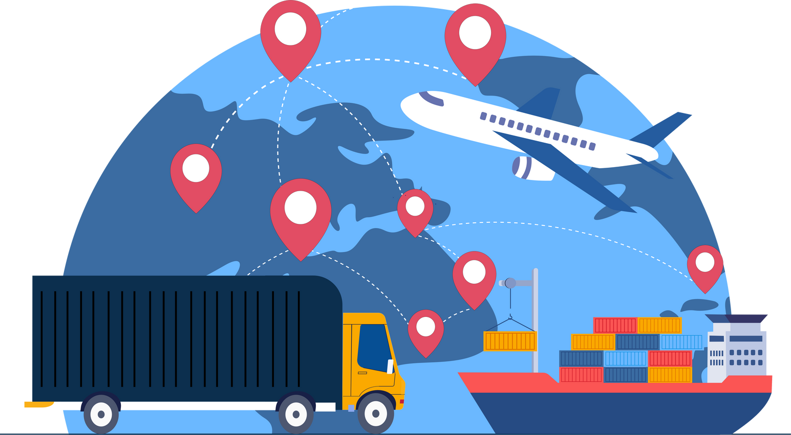 Import and export concept of shipping goods by sea, air and truck transportation. International logistics, cargo shipping.